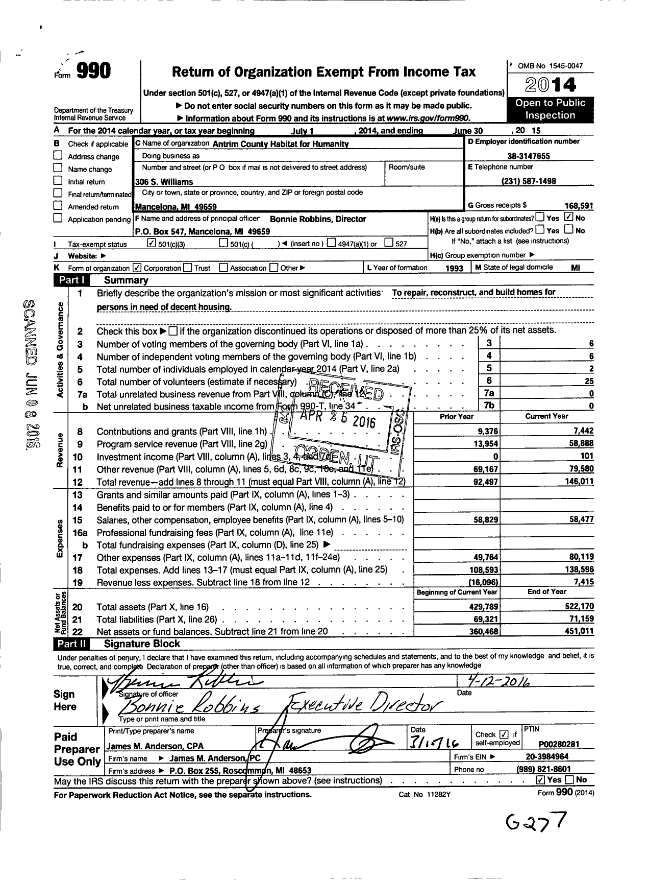 Image of first page of 2014 Form 990 for Habitat for Humanity - Antrim County HFH