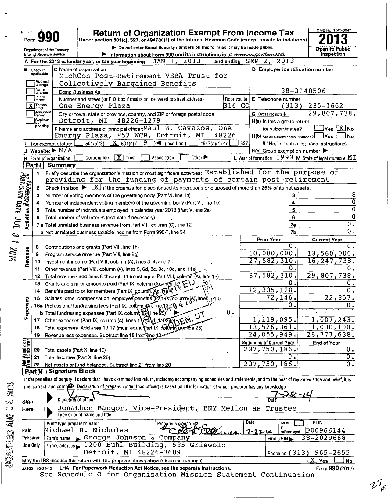 Image of first page of 2012 Form 990O for Michcon Post-Retirement Veba Trust for Collectively Bargained Be