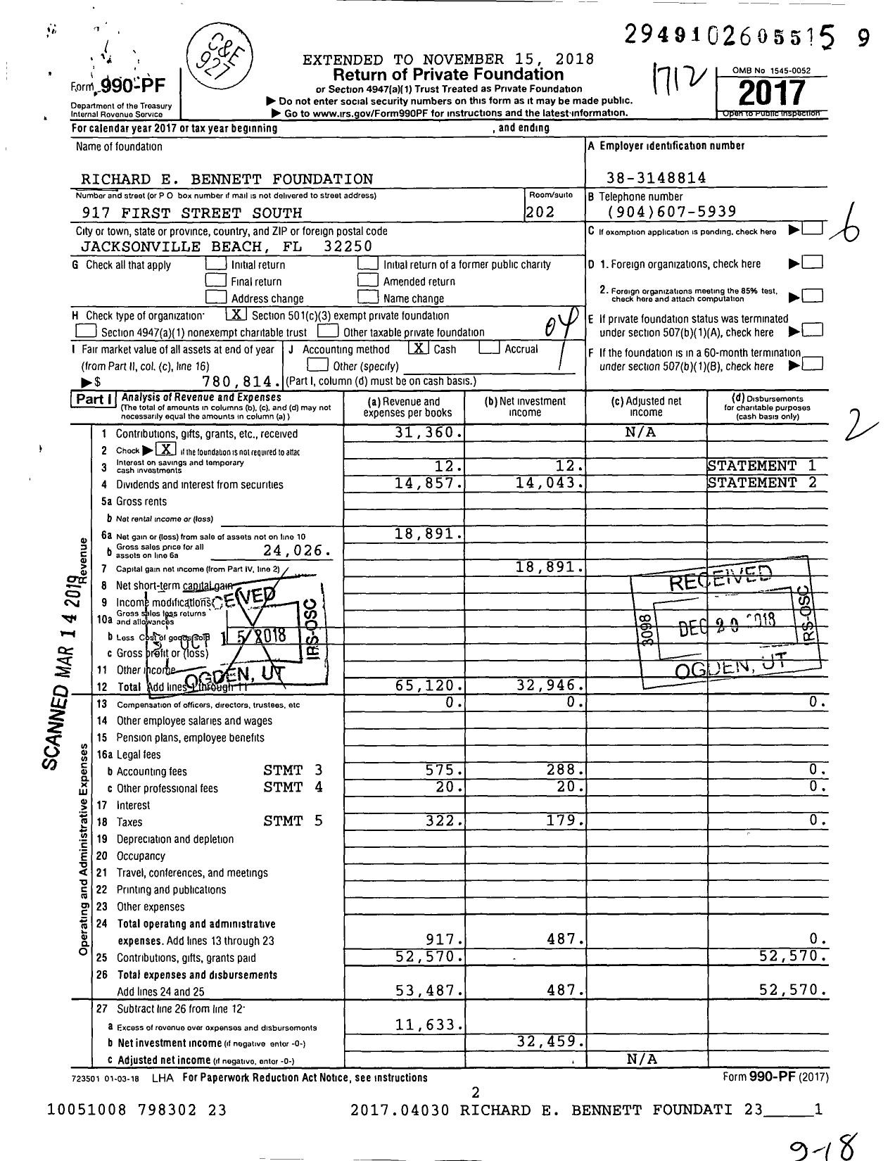 Image of first page of 2017 Form 990PF for Richard E Bennett Foundation