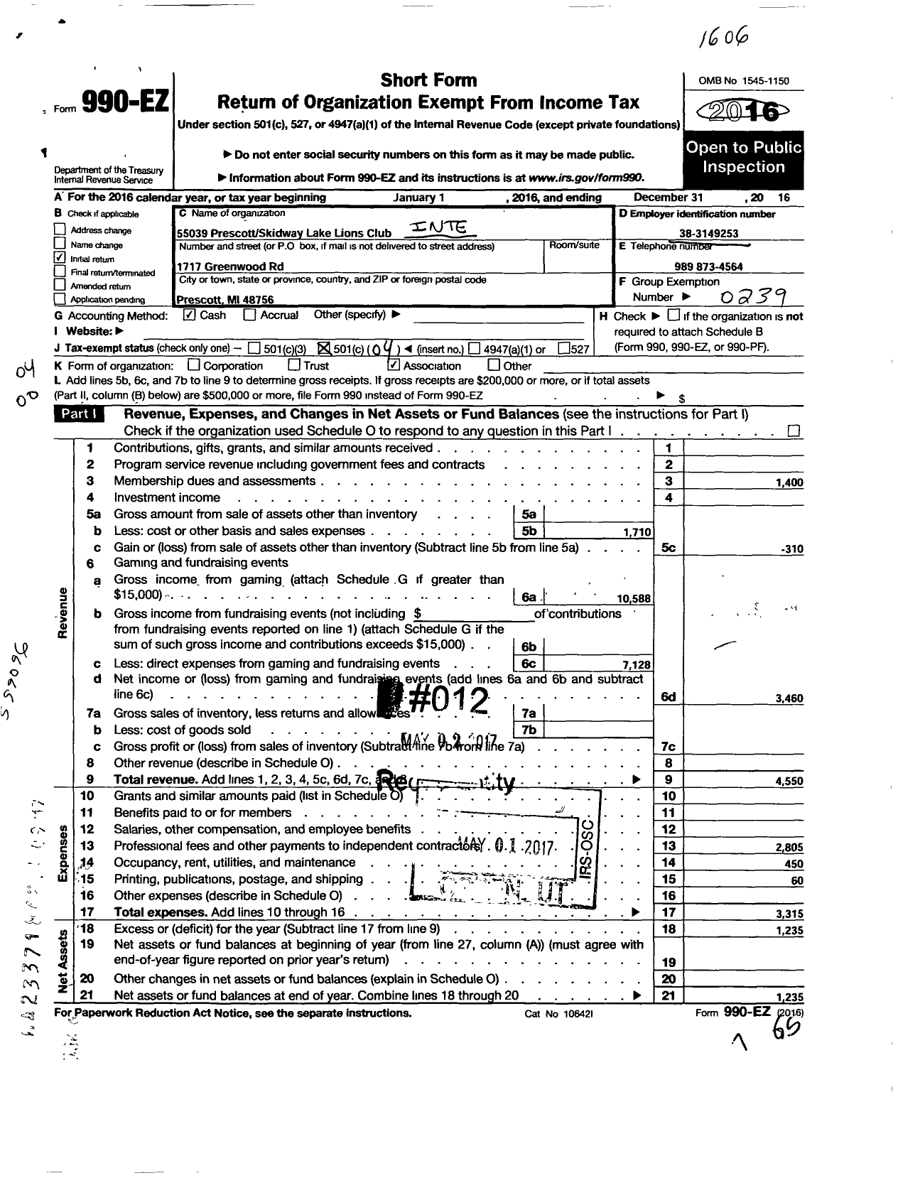 Image of first page of 2016 Form 990EO for International Associaiton of Lions Clubs