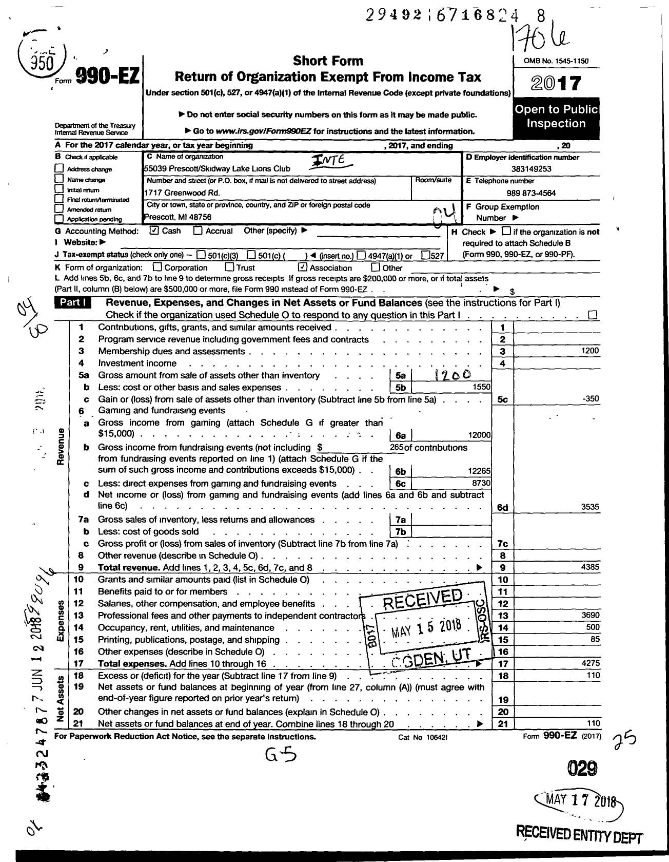 Image of first page of 2016 Form 990EO for International Associaiton of Lions Clubs