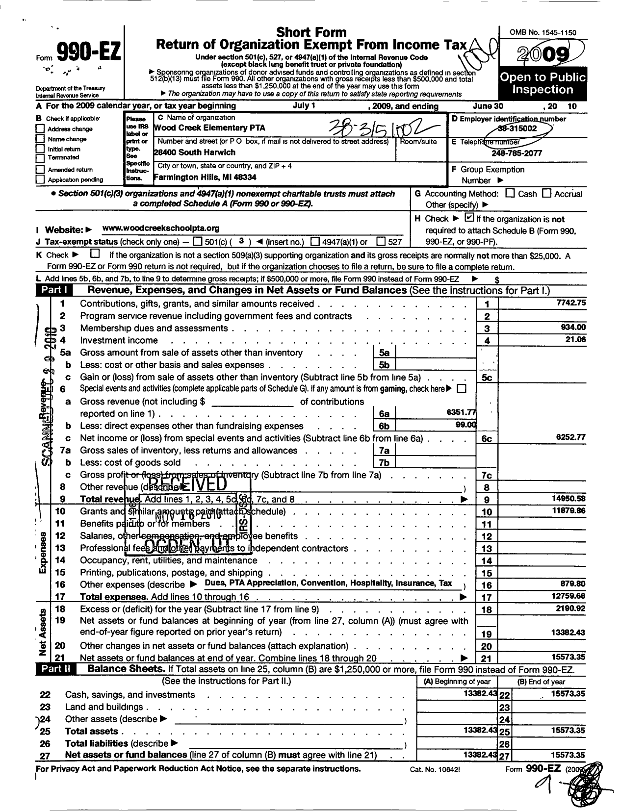 Image of first page of 2009 Form 990EZ for Ptsa Michigan Congres of Parents Teachers and Students