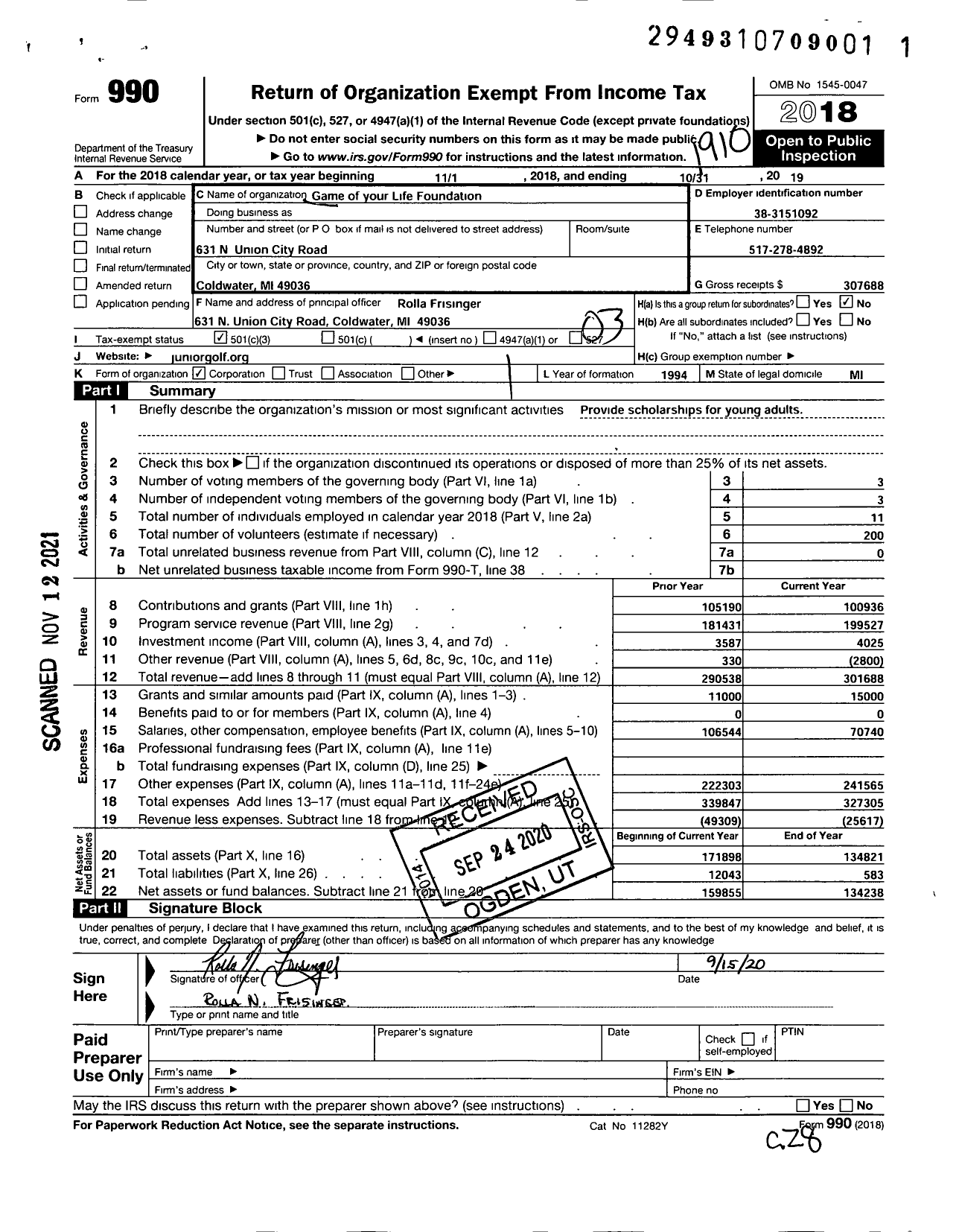 Image of first page of 2018 Form 990 for Game of Your Life Foundation