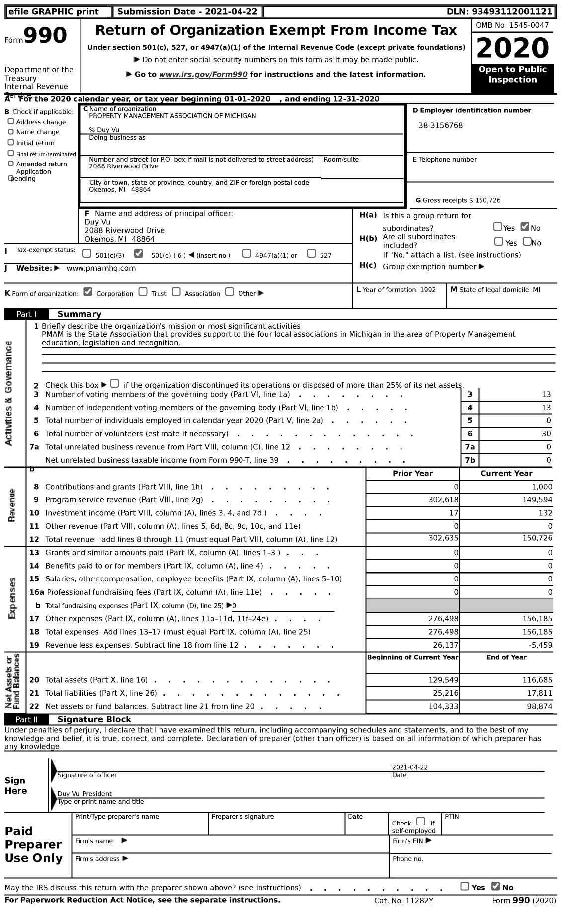 Image of first page of 2020 Form 990 for Property Management Association of Michigan