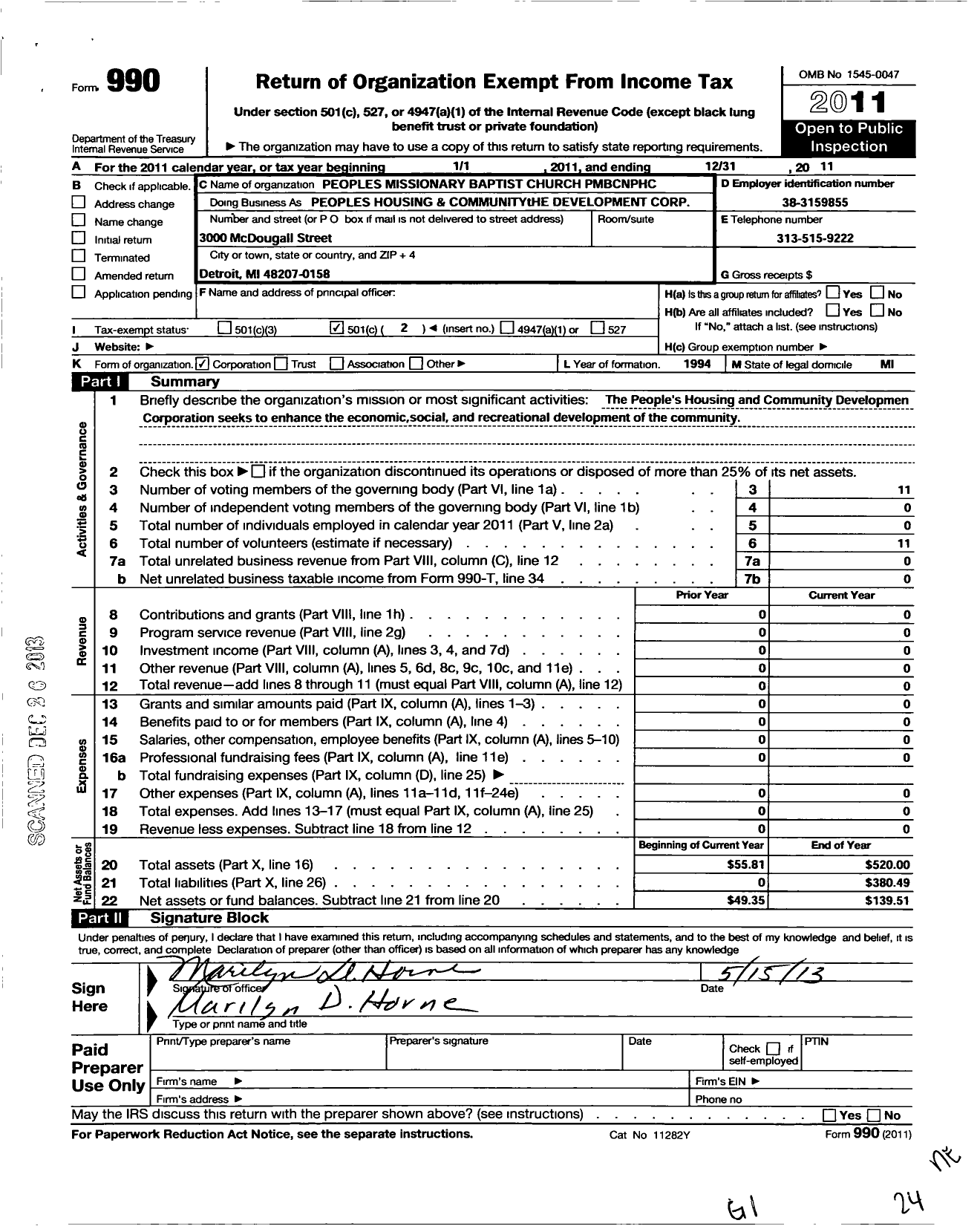 Image of first page of 2011 Form 990O for Peoples Missionary Baptist Church Non-Profit Housing Corporation (PMBCNPHC)