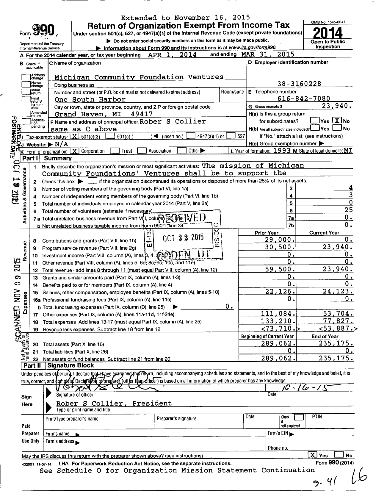 Image of first page of 2014 Form 990 for Michigan Community Foundation Ventures