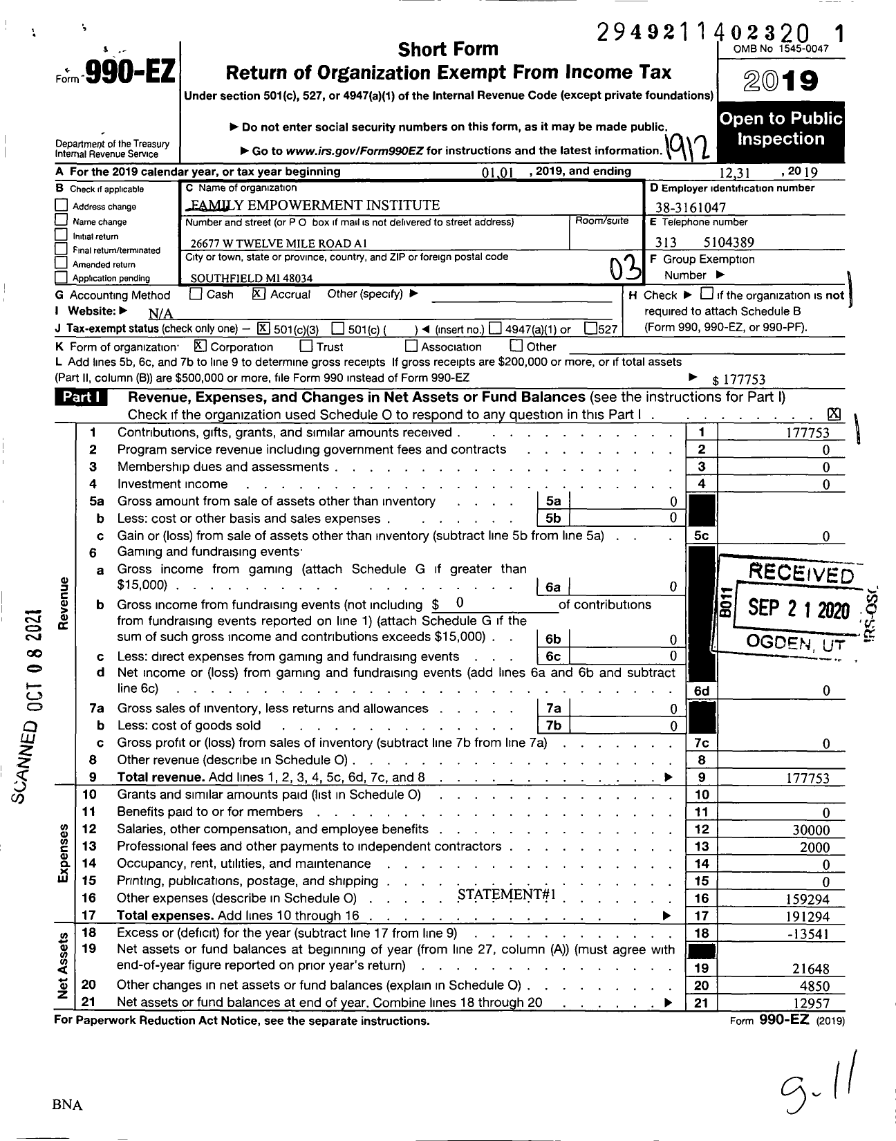 Image of first page of 2019 Form 990EZ for Family Empowerment Institute