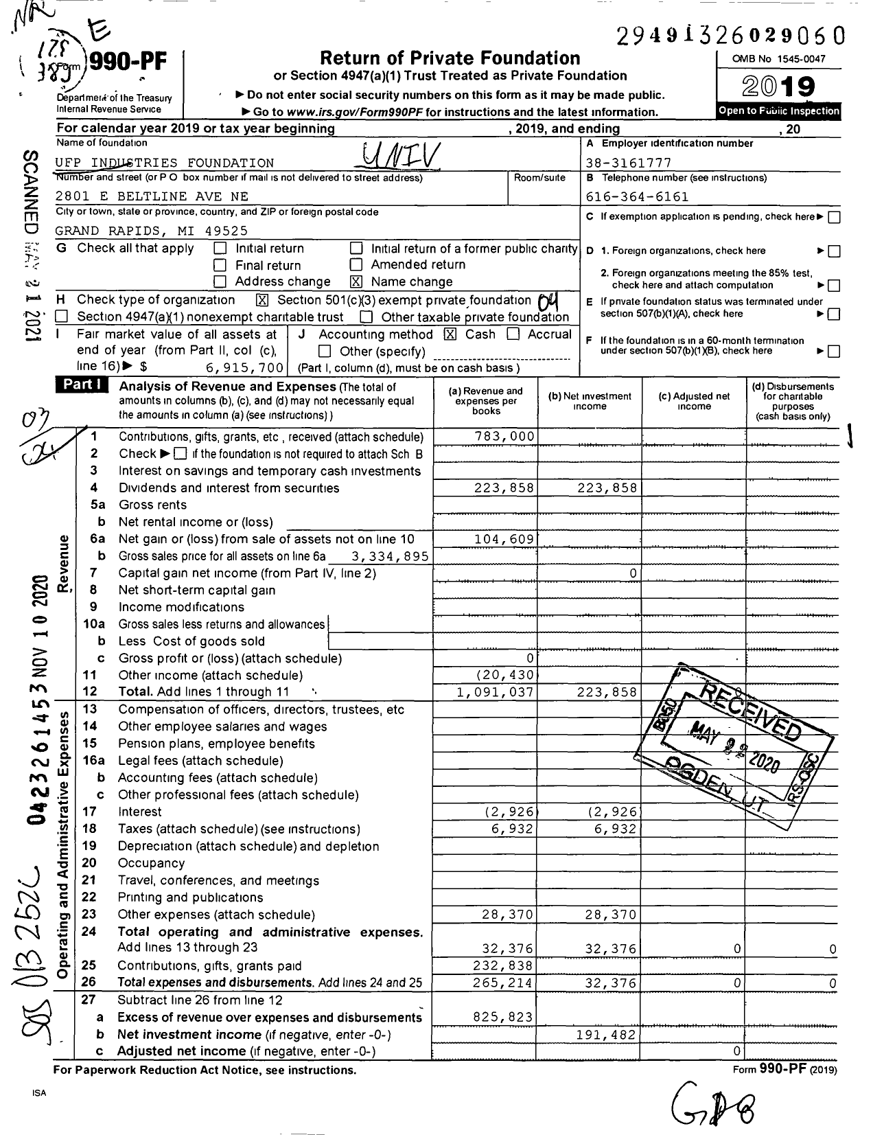 Image of first page of 2019 Form 990PF for Ufp Industries Foundation