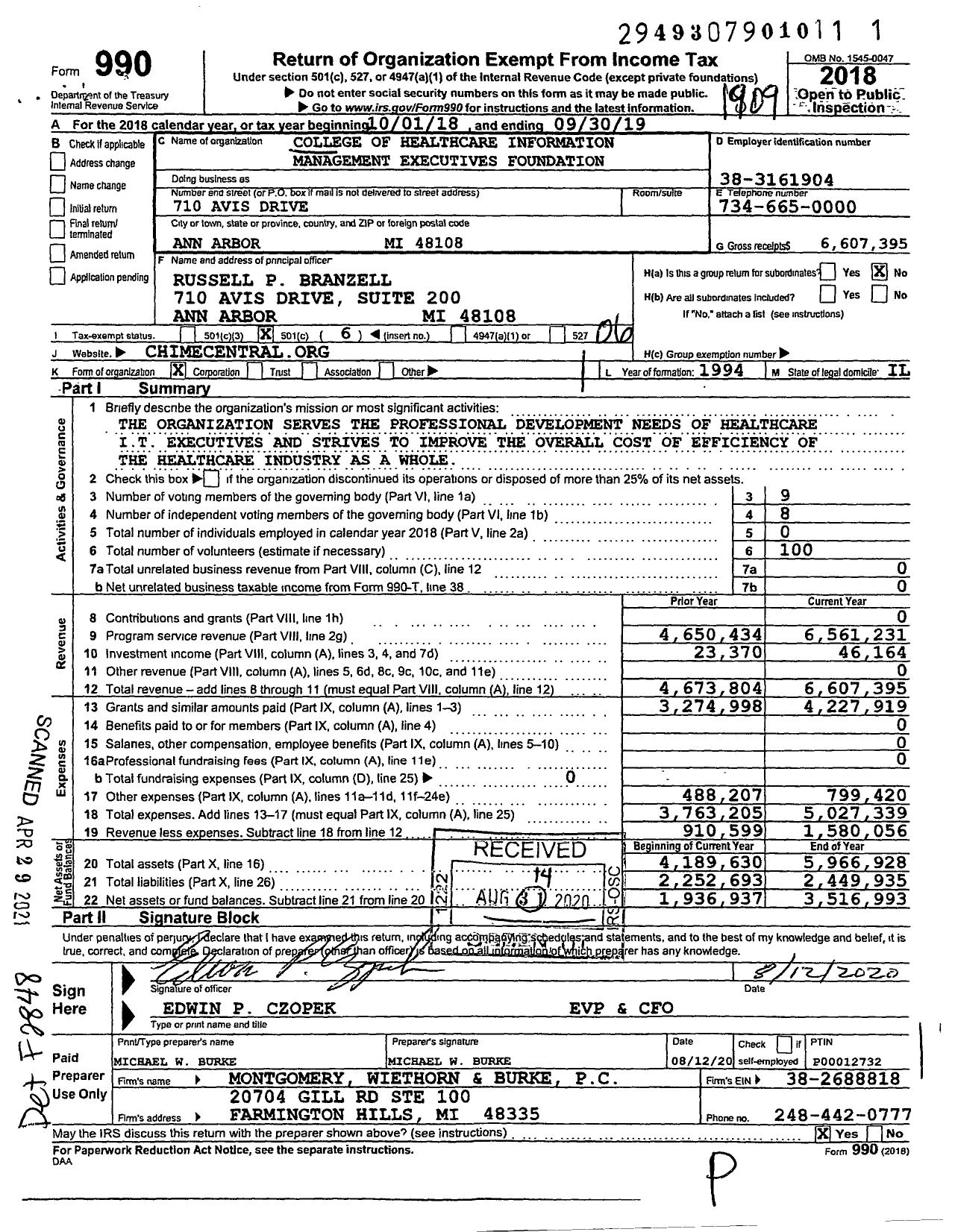 Image of first page of 2018 Form 990O for College of Healthcare Information Management Executives Foundation (CHIME)
