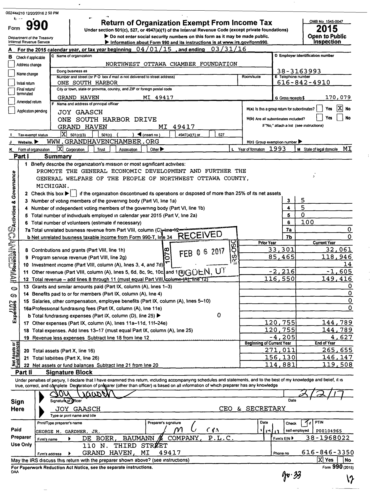 Image of first page of 2015 Form 990 for Northwest Ottawa Chamber Foundation