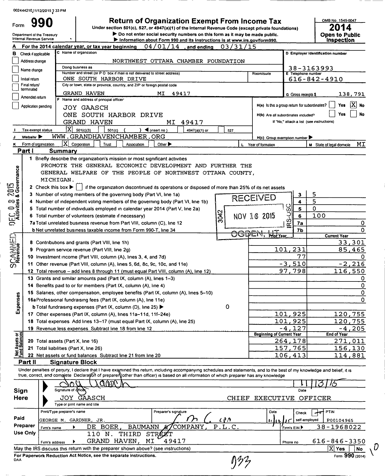 Image of first page of 2014 Form 990 for Northwest Ottawa Chamber Foundation