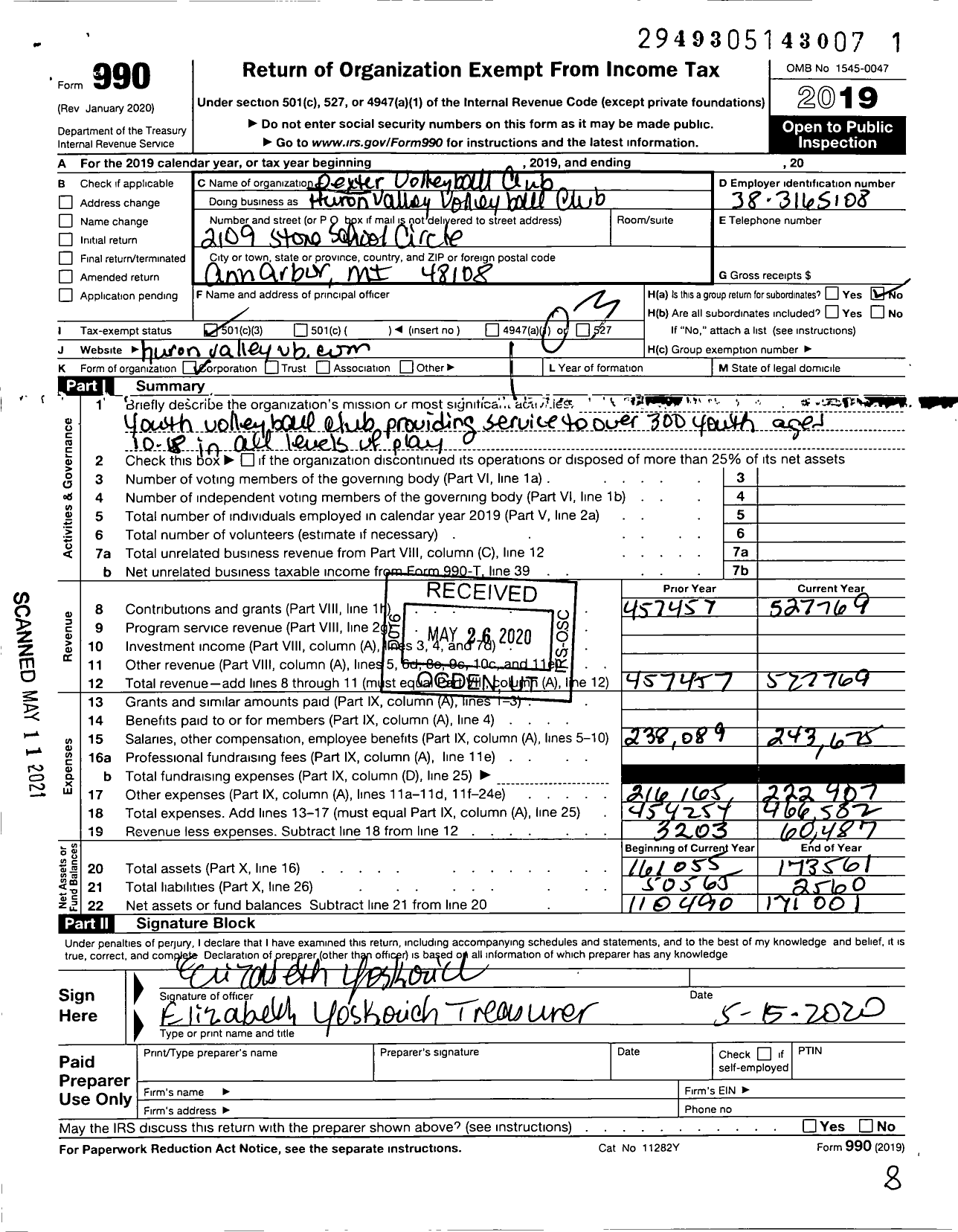 Image of first page of 2019 Form 990 for Huron Valley Volleyball Clubs
