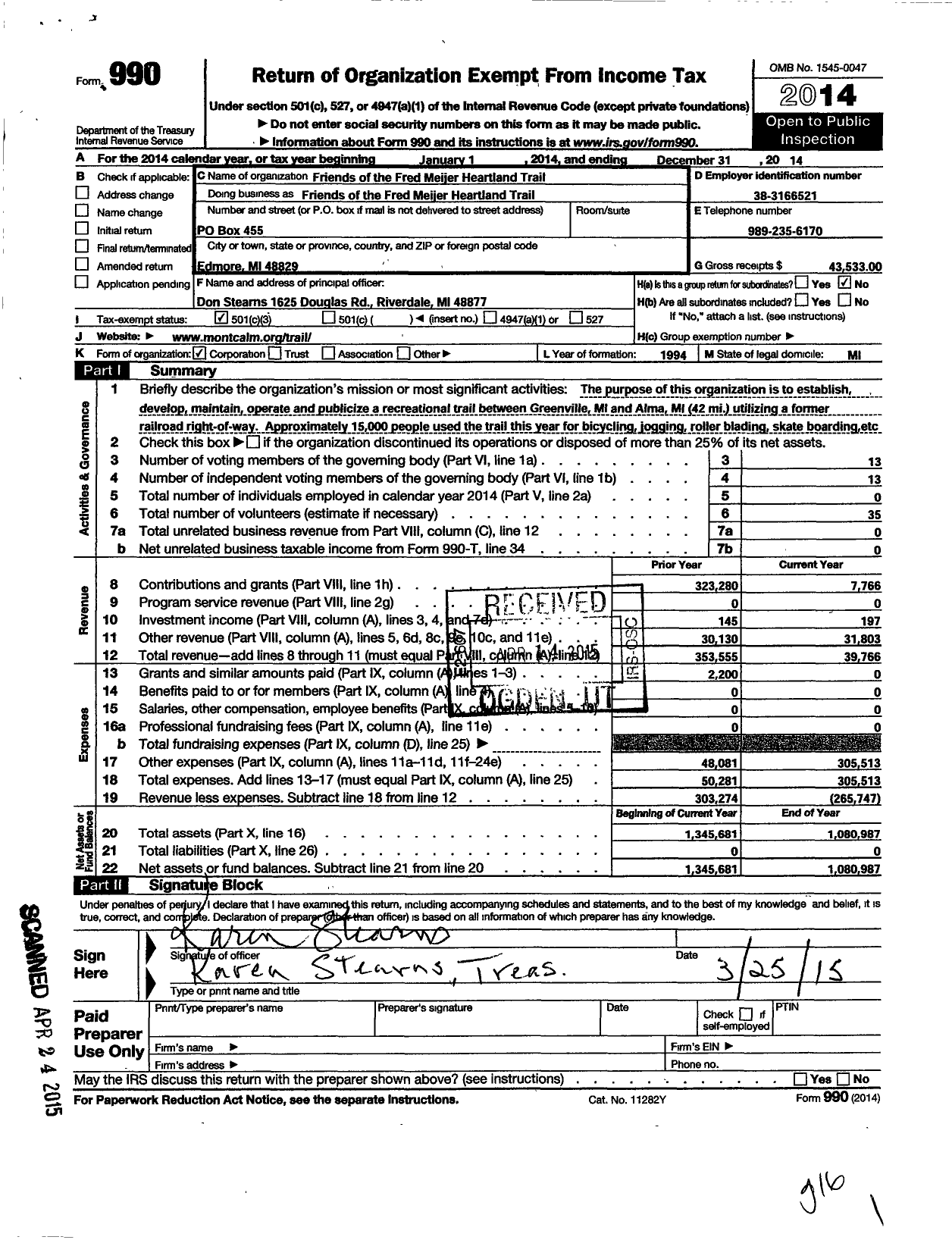 Image of first page of 2014 Form 990 for Friends of Fred Meijer Heartland Trail Group