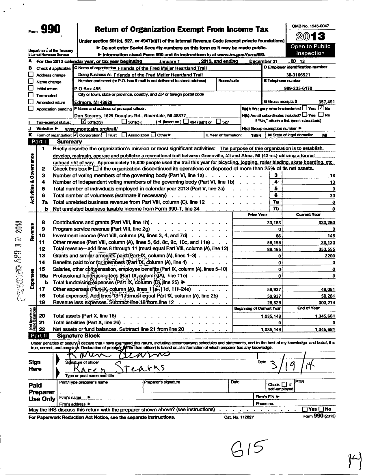 Image of first page of 2013 Form 990 for Friends of Fred Meijer Heartland Trail Group