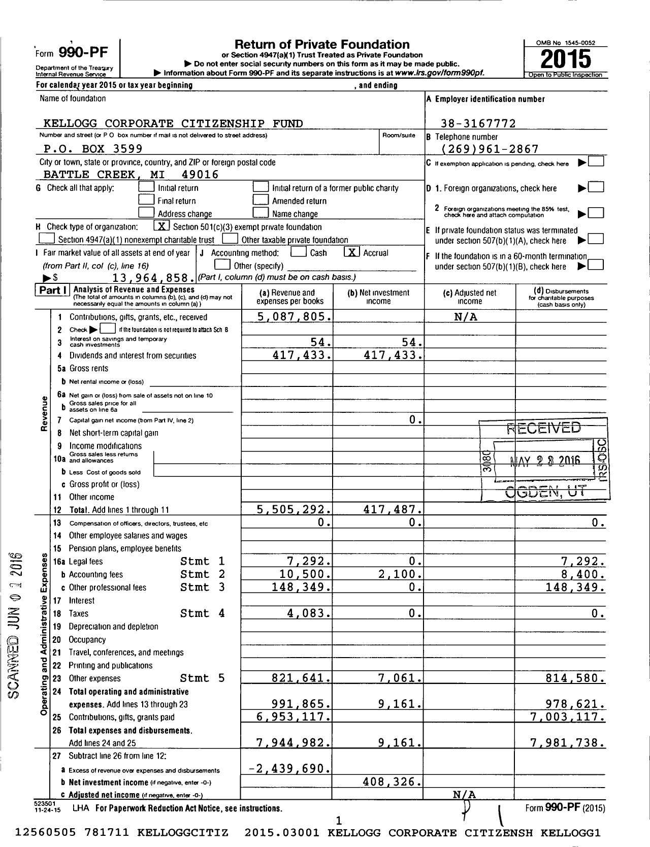 Image of first page of 2015 Form 990PF for Kellanova Fund