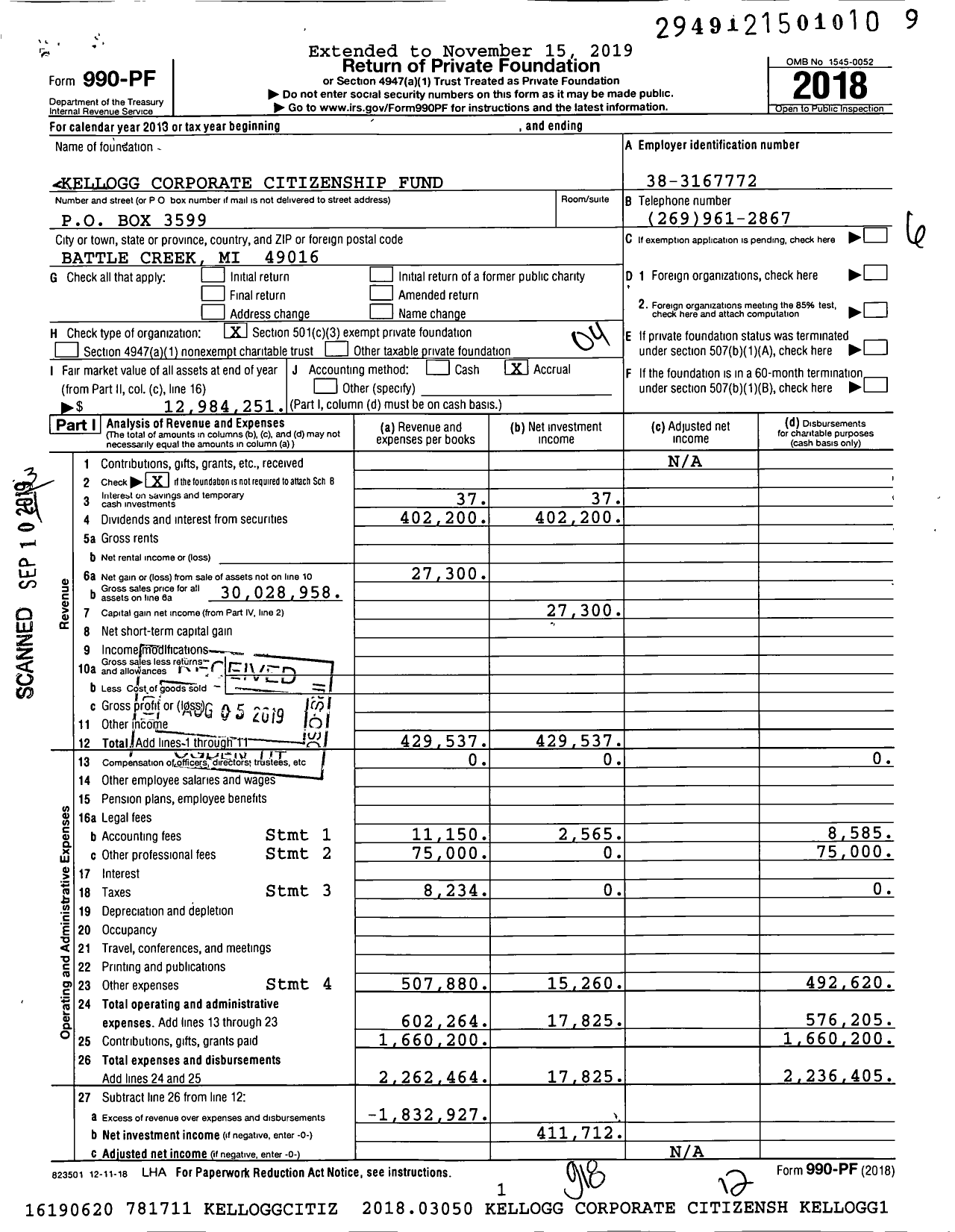 Image of first page of 2018 Form 990PF for Kellogg Corporate Citizenship Fund