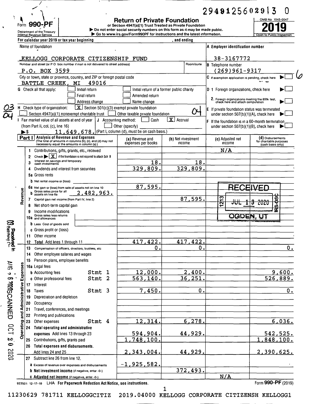 Image of first page of 2019 Form 990PR for Kellogg Corporate Citizenship Fund