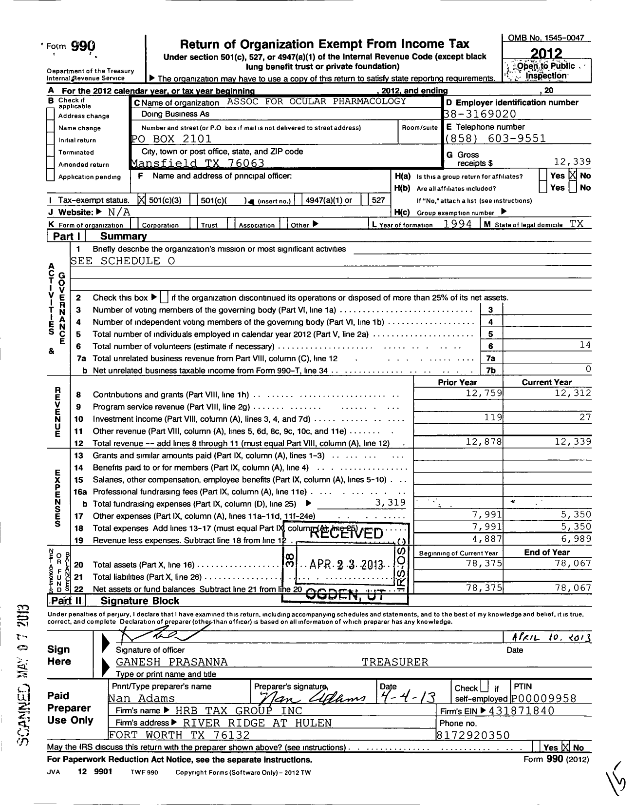 Image of first page of 2012 Form 990 for Association for Ocular Pharmacology and Therapeutics