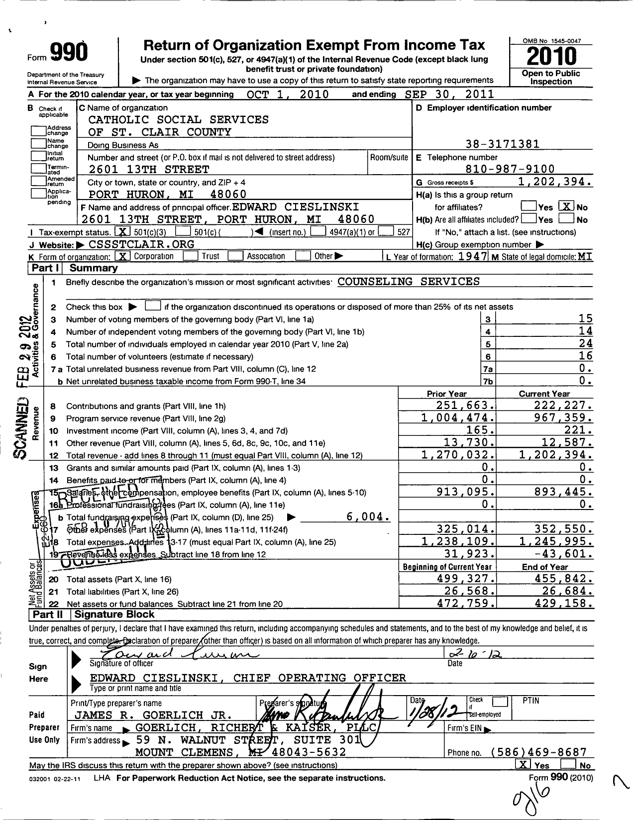 Image of first page of 2010 Form 990 for Catholic Social Services of St Clair County
