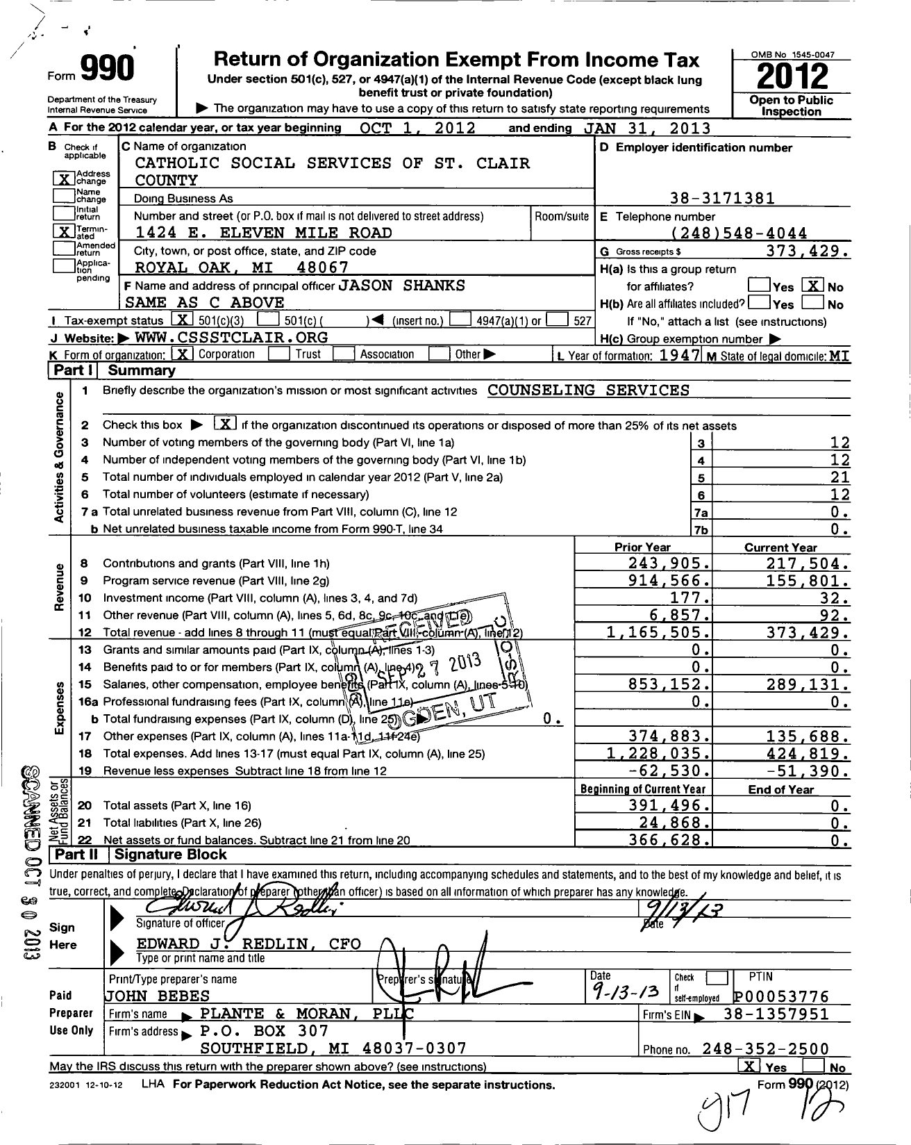 Image of first page of 2012 Form 990 for Catholic Social Services of St Clair County