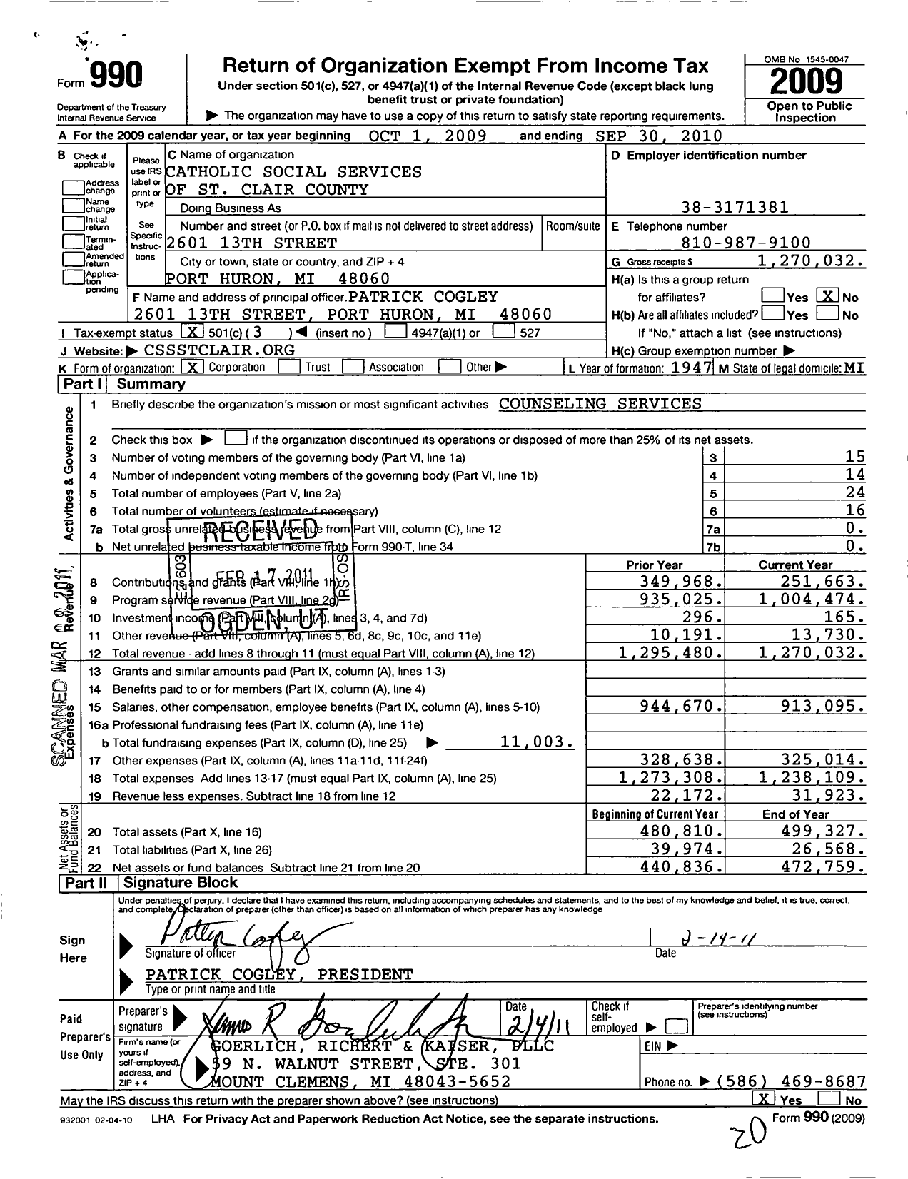 Image of first page of 2009 Form 990 for Catholic Social Services of St Clair County