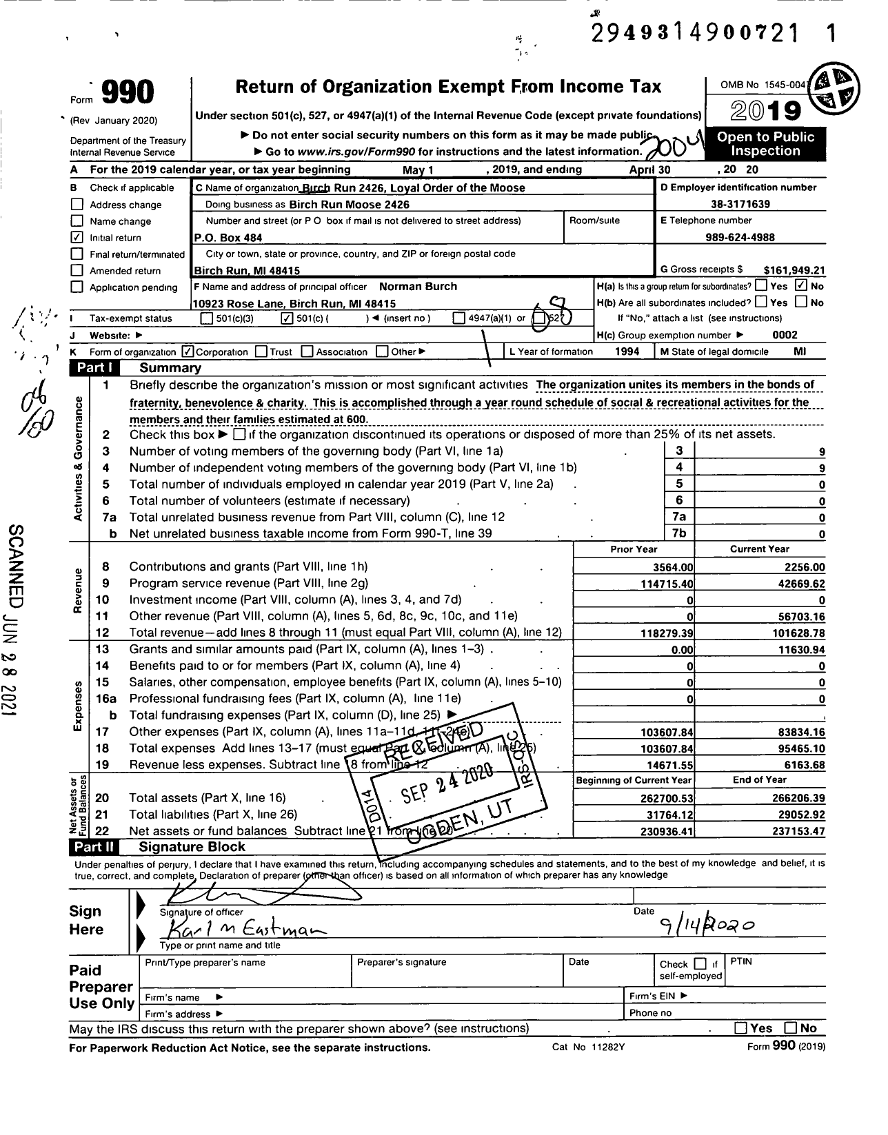 Image of first page of 2019 Form 990O for Loyal Order of Moose - 2426