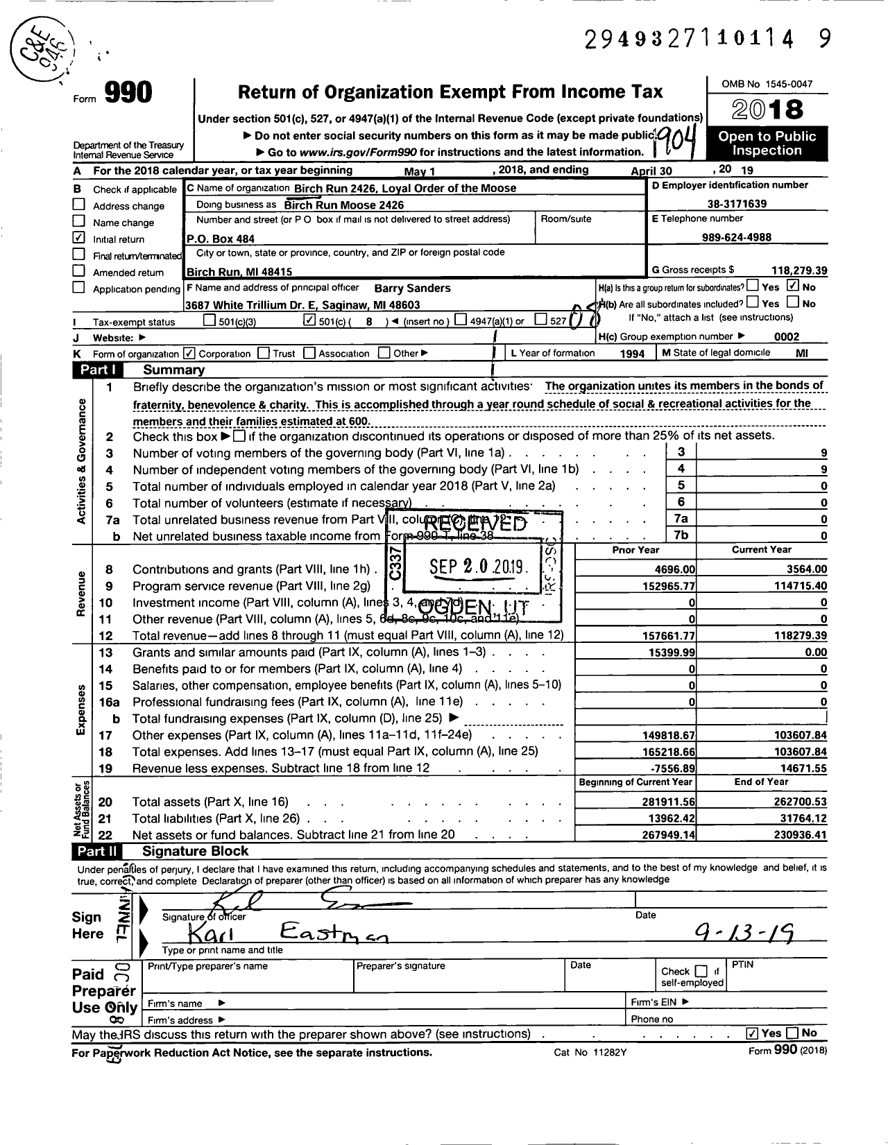 Image of first page of 2018 Form 990O for Loyal Order of Moose - 2426