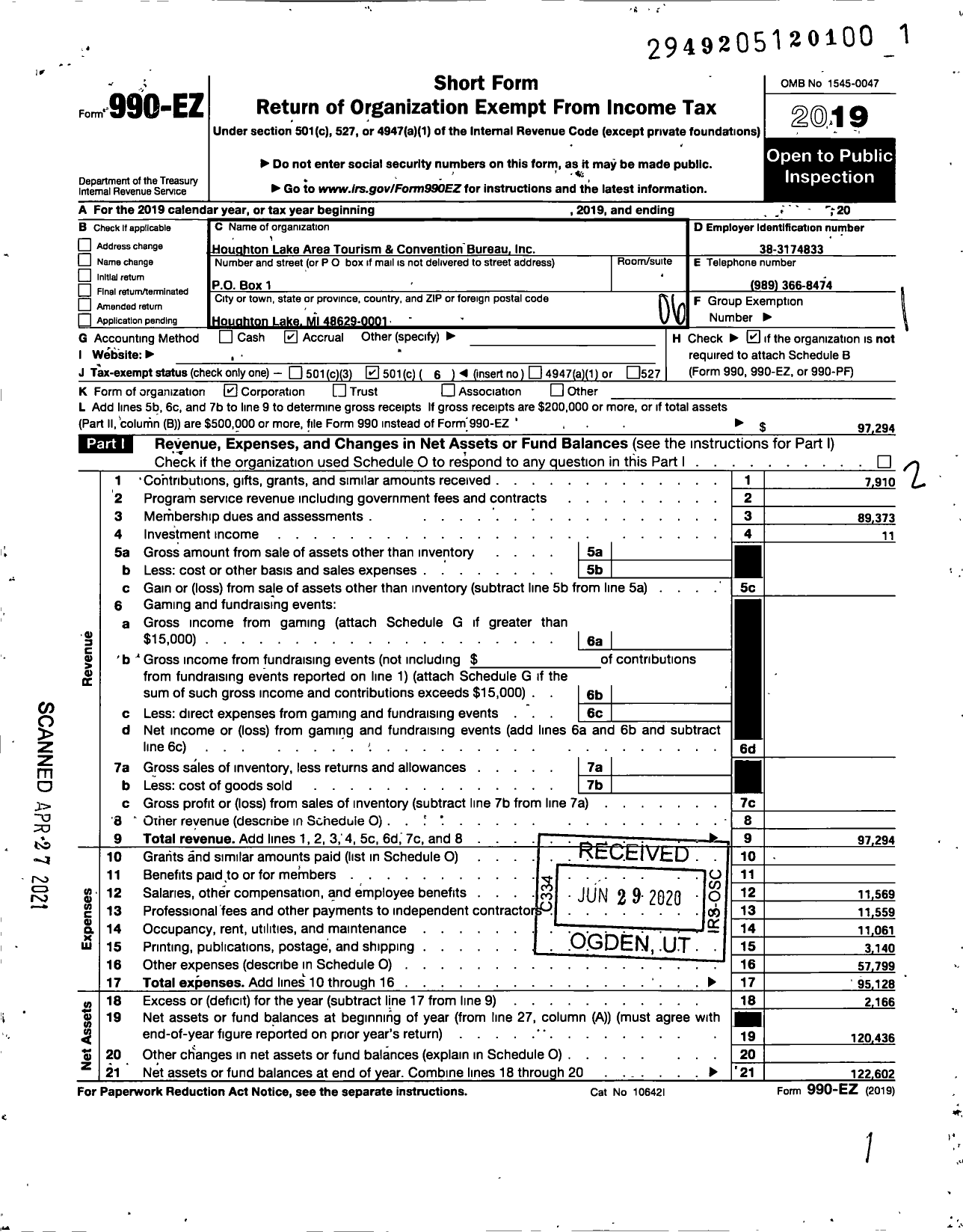 Image of first page of 2019 Form 990EO for Houghton Lake Area Tourism and Convention Bureau