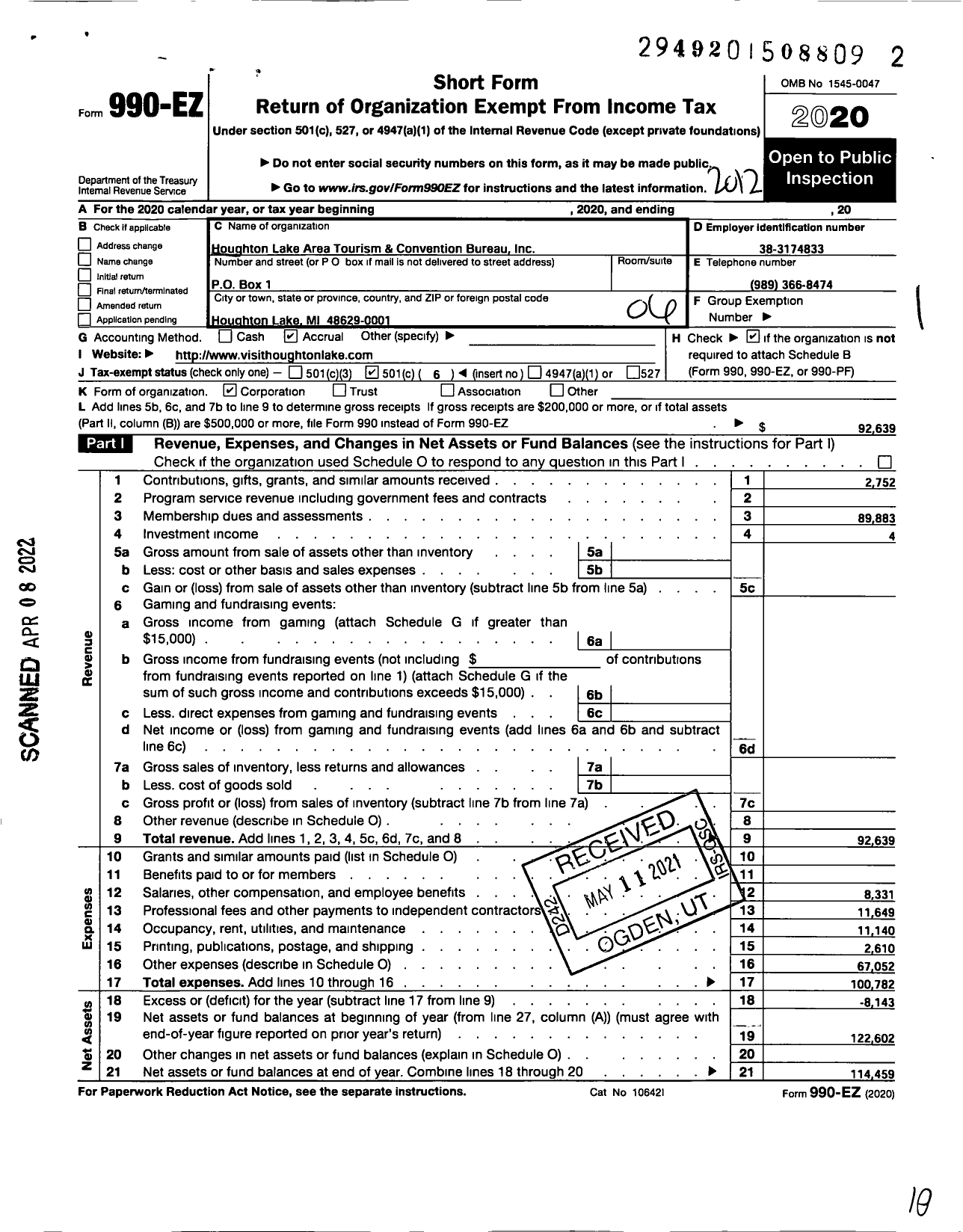 Image of first page of 2020 Form 990EO for Houghton Lake Area Tourism and Convention Bureau