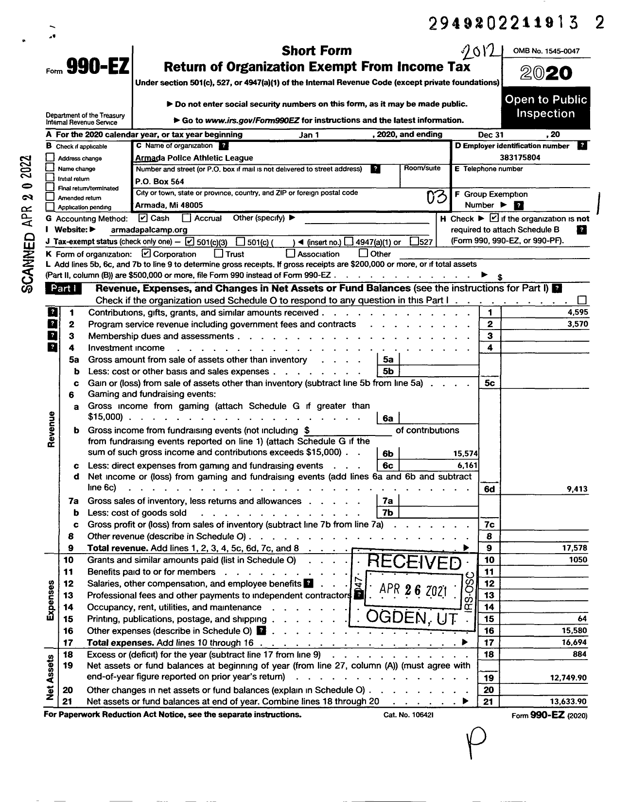 Image of first page of 2020 Form 990EZ for Armada Police Athletic League