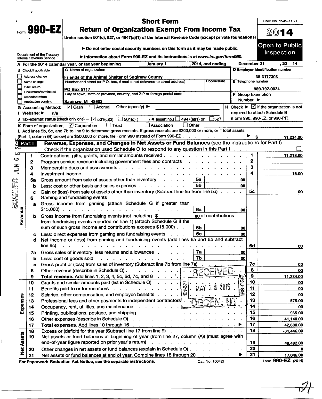 Image of first page of 2014 Form 990EZ for Friends of the Animal Shelter of Saginaw County