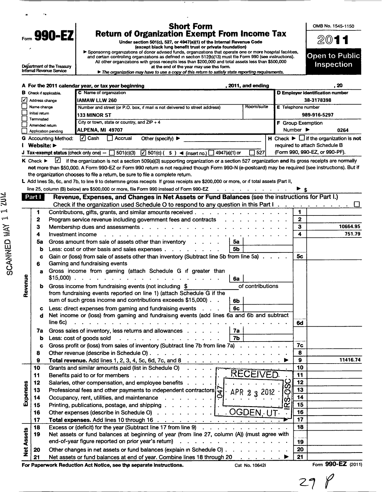 Image of first page of 2011 Form 990EO for International Association of Machinists and Aerospace Workers - 260w