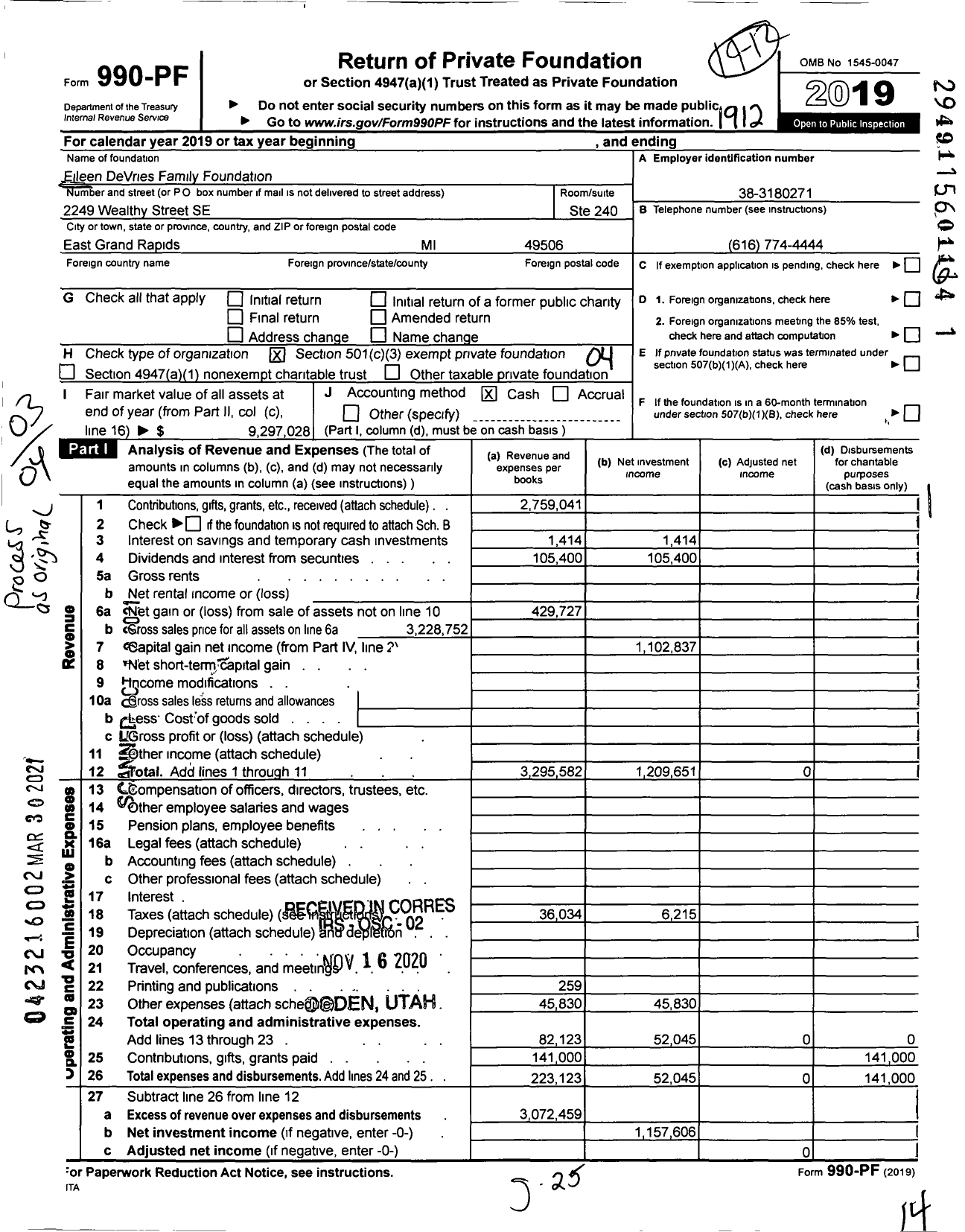 Image of first page of 2019 Form 990PF for Eileen Devries Family Foundation