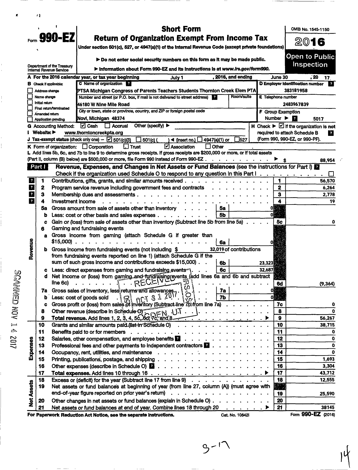Image of first page of 2016 Form 990EZ for PTSA Michigan Congress of Parents Teachers and Stu