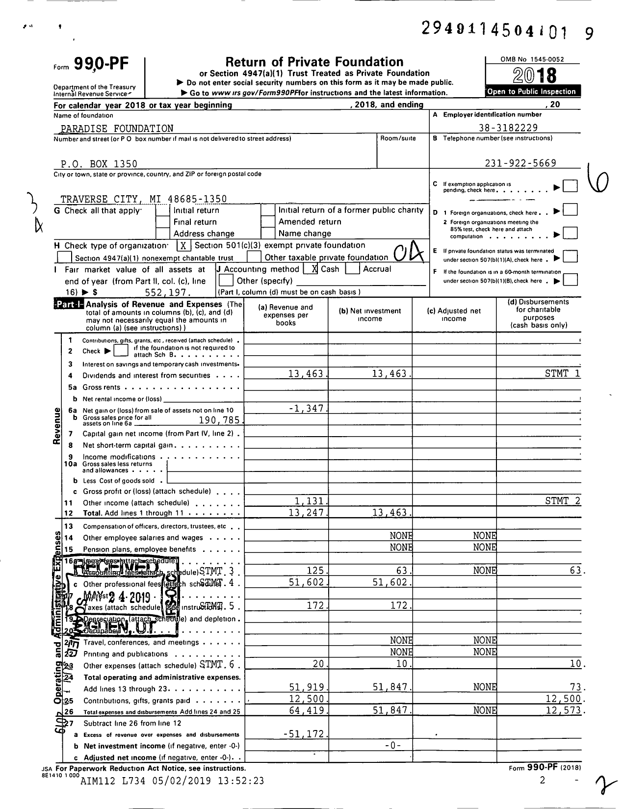 Image of first page of 2018 Form 990PF for Paradise Foundation