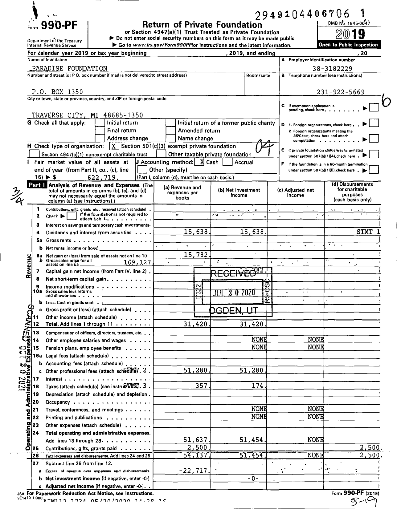 Image of first page of 2019 Form 990PF for Paradise Foundation