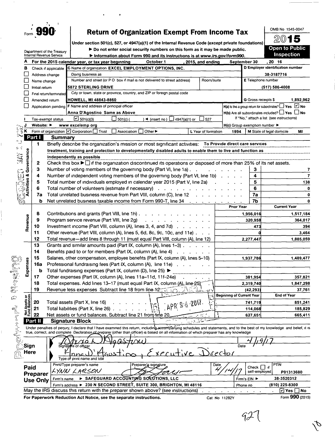 Image of first page of 2015 Form 990 for Excel Employment Options