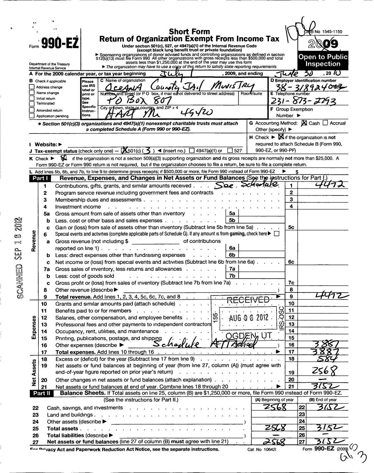 Image of first page of 2009 Form 990EZ for Oceana County Jail Ministry