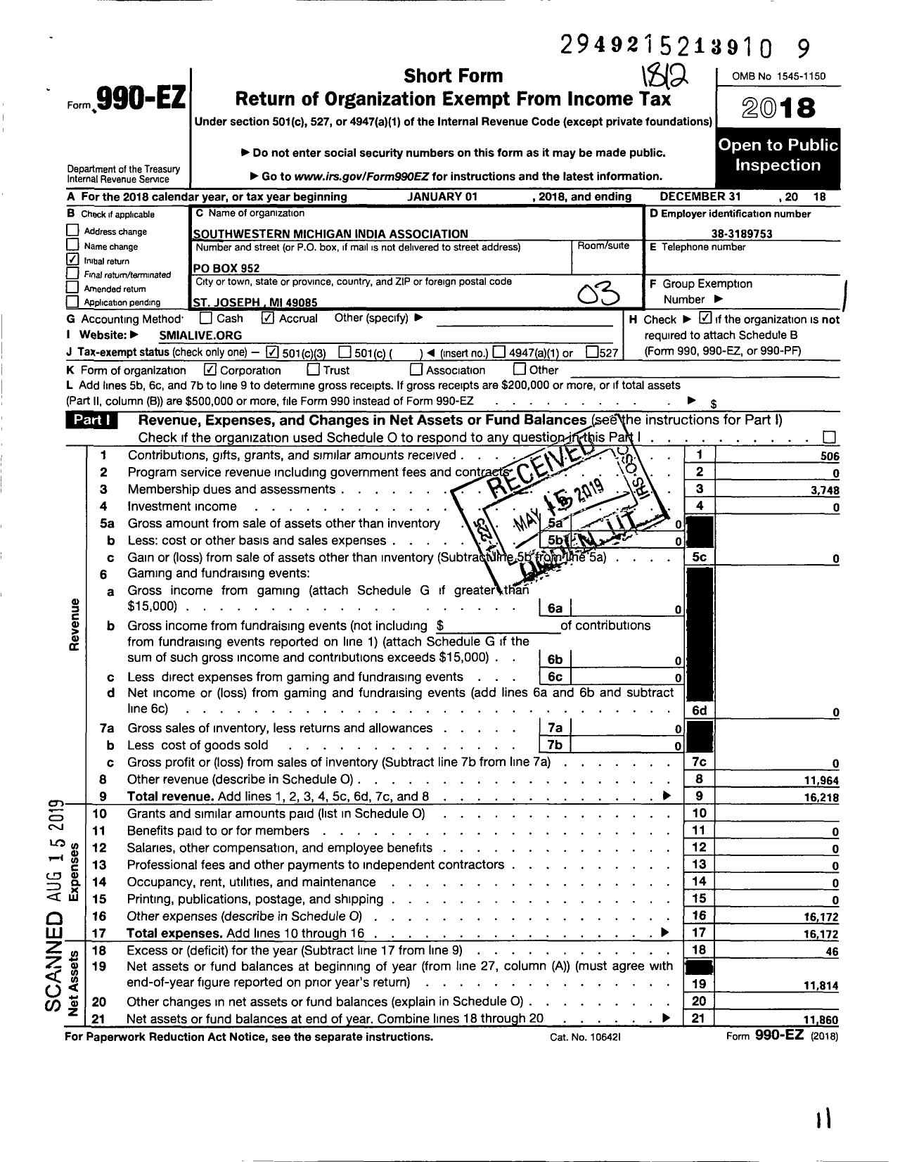 Image of first page of 2018 Form 990EZ for Southwestern Michigan India Association