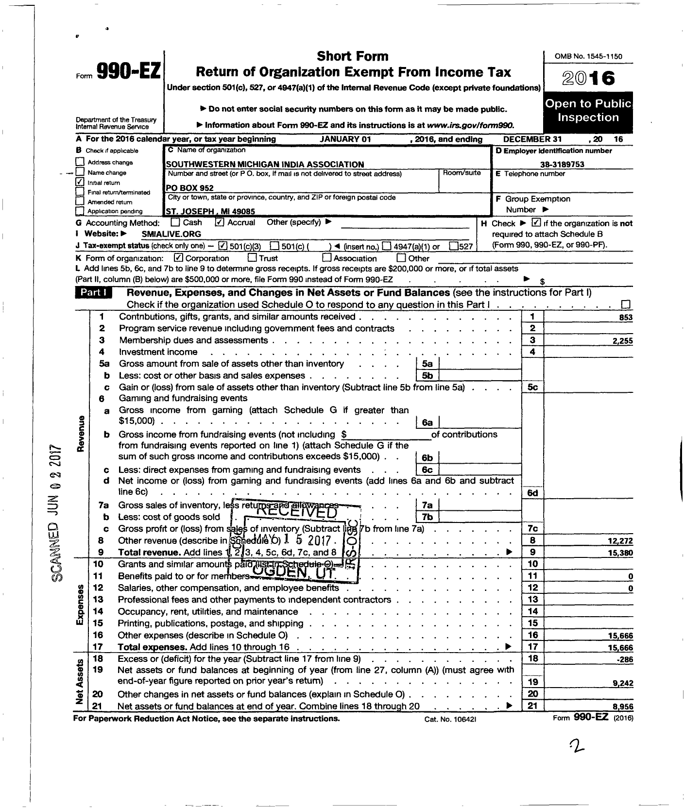 Image of first page of 2016 Form 990EZ for Southwestern Michigan India Association