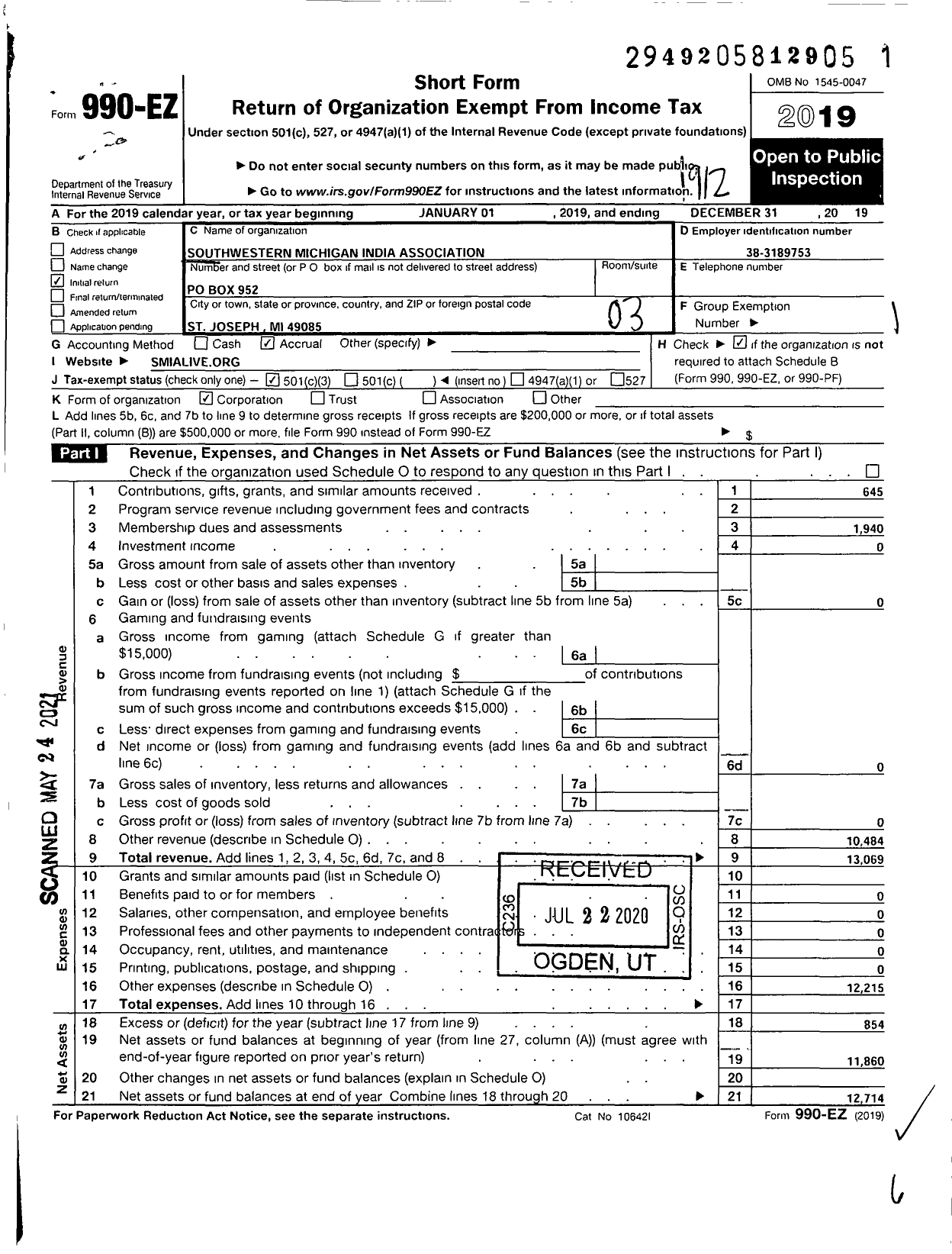 Image of first page of 2019 Form 990EZ for Southwestern Michigan India Association