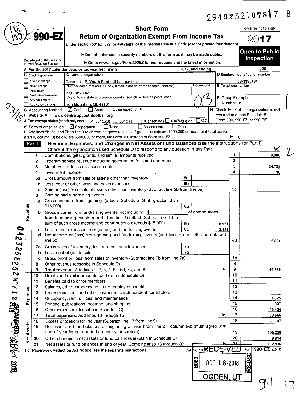 Image of first page of 2017 Form 990EZ for Central U P Youth Football League