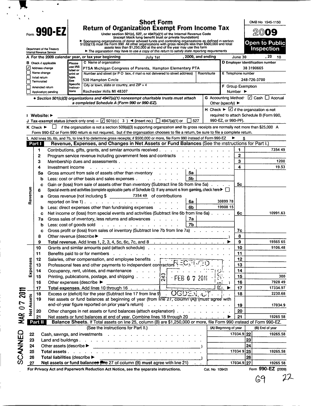 Image of first page of 2009 Form 990EZ for Ptsa Michigan Congress of Parents Teachers and Students / Hampton Elementary PTA