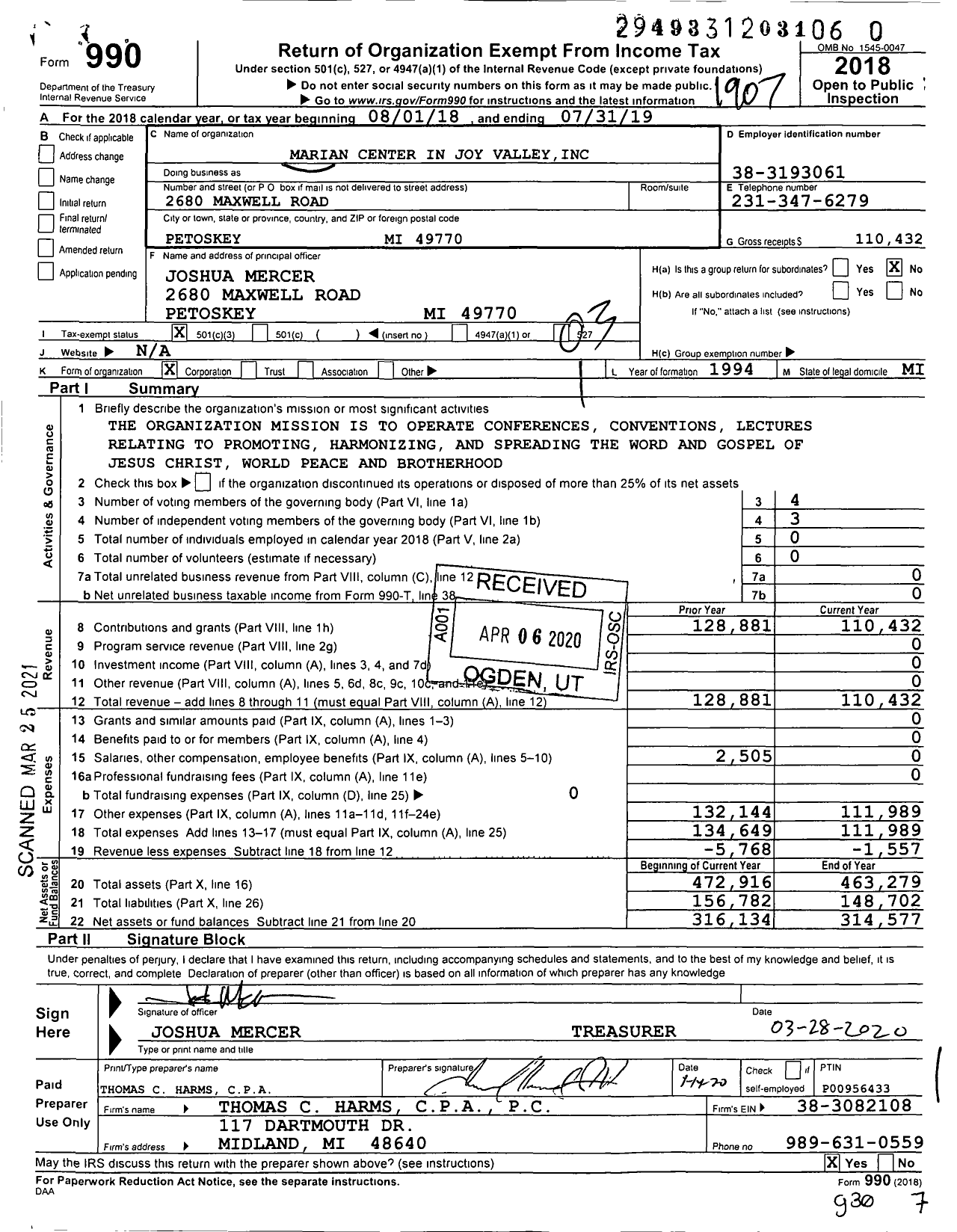 Image of first page of 2018 Form 990 for Marian Center in Joy Valley