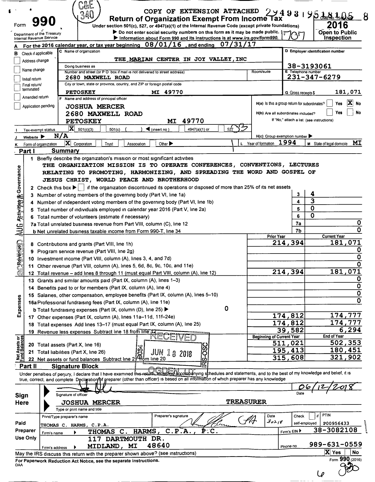 Image of first page of 2016 Form 990 for Marian Center in Joy Valley
