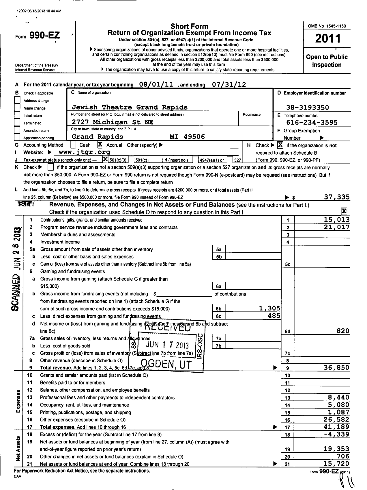 Image of first page of 2011 Form 990EZ for Jewish Theatre Grand Rapids