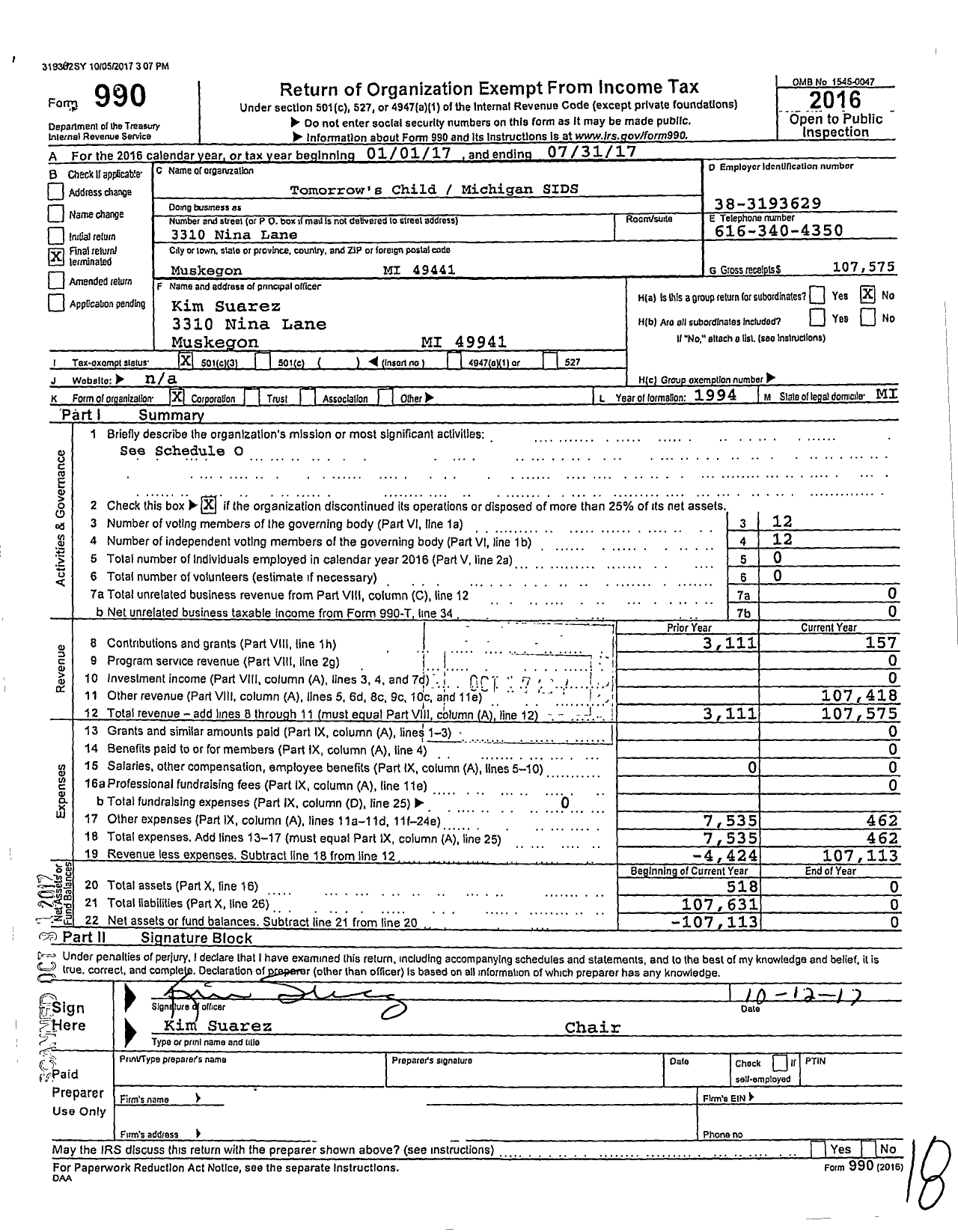 Image of first page of 2016 Form 990 for Tomorrow's Childmichigan Sids