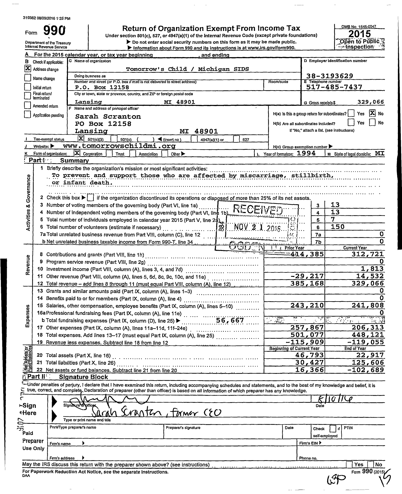 Image of first page of 2015 Form 990 for Tomorrow's Childmichigan Sids