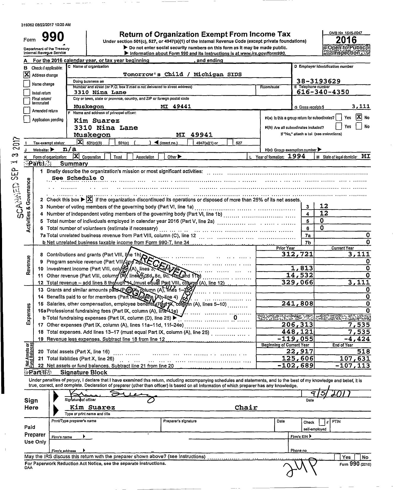 Image of first page of 2016 Form 990 for Tomorrow's Childmichigan Sids