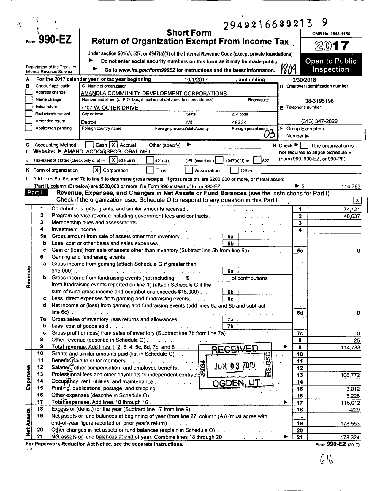 Image of first page of 2017 Form 990EZ for Amandla Community Development Corporations